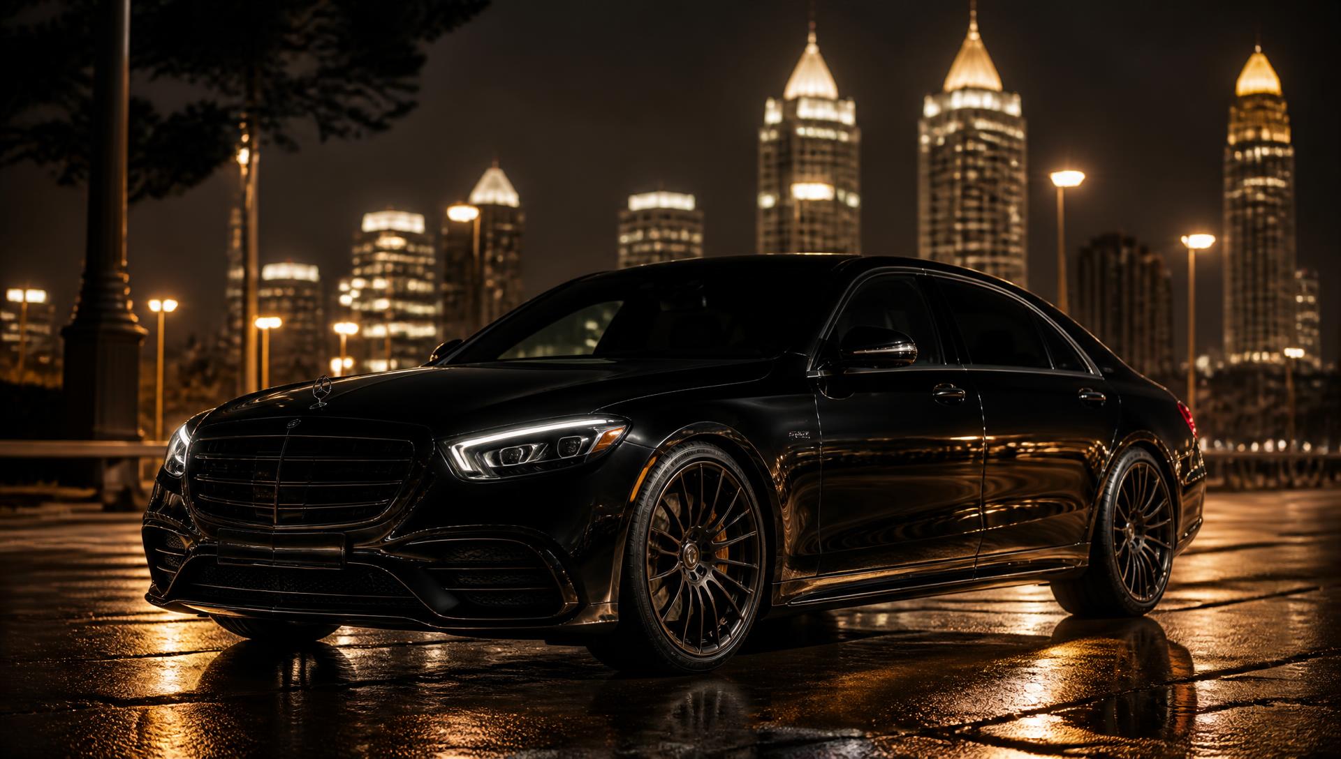 Black executive sedan waiting at night with the Atlanta skyline behind it